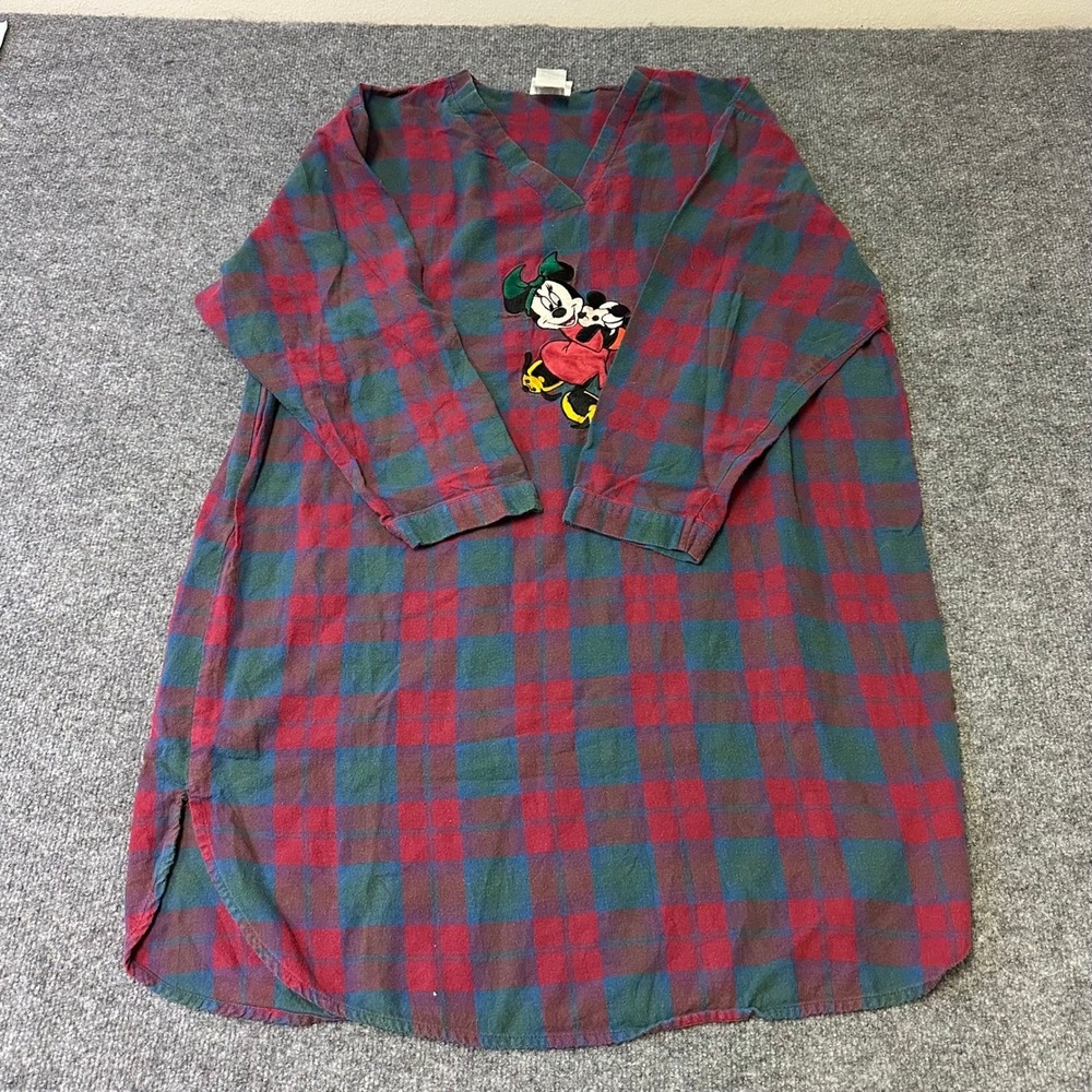 Disney Nightshirt Womens Size L/XL Red Green Plaid Mickey Minnie Cotton Flannel